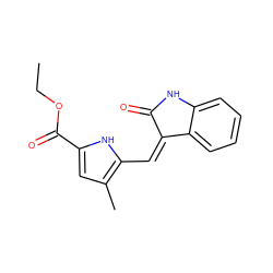 CCOC(=O)c1cc(C)c(/C=C2\C(=O)Nc3ccccc32)[nH]1 ZINC000013671624