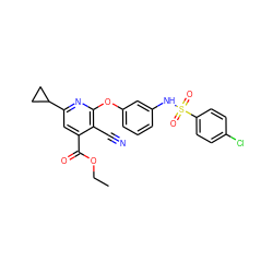 CCOC(=O)c1cc(C2CC2)nc(Oc2cccc(NS(=O)(=O)c3ccc(Cl)cc3)c2)c1C#N ZINC000096271596