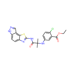 CCOC(=O)c1cc(NC(C)(C)C(=O)Nc2nc3ccc4[nH]ncc4c3s2)ccc1Cl ZINC000202047980