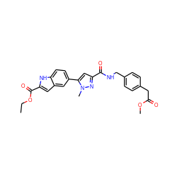 CCOC(=O)c1cc2cc(-c3cc(C(=O)NCc4ccc(CC(=O)OC)cc4)nn3C)ccc2[nH]1 ZINC000115831519