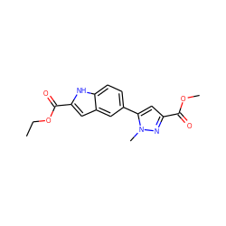 CCOC(=O)c1cc2cc(-c3cc(C(=O)OC)nn3C)ccc2[nH]1 ZINC000082155680