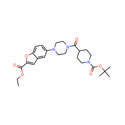 CCOC(=O)c1cc2cc(N3CCN(C(=O)C4CCN(C(=O)OC(C)(C)C)CC4)CC3)ccc2o1 ZINC000299828515