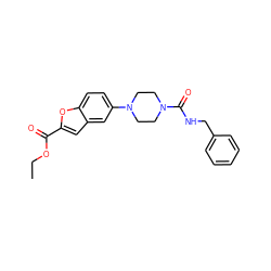 CCOC(=O)c1cc2cc(N3CCN(C(=O)NCc4ccccc4)CC3)ccc2o1 ZINC000299821080