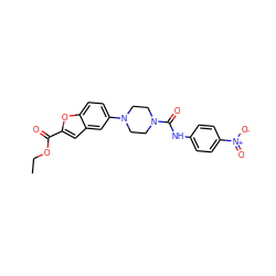 CCOC(=O)c1cc2cc(N3CCN(C(=O)Nc4ccc([N+](=O)[O-])cc4)CC3)ccc2o1 ZINC000299826135