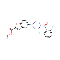 CCOC(=O)c1cc2cc(N3CCN(C(=O)c4c(F)cccc4F)CC3)ccc2o1 ZINC000299824577