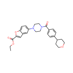 CCOC(=O)c1cc2cc(N3CCN(C(=O)c4ccc(C5CCOCC5)cc4)CC3)ccc2o1 ZINC000299824752