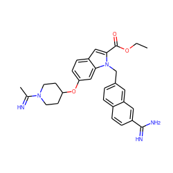 CCOC(=O)c1cc2ccc(OC3CCN(C(C)=N)CC3)cc2n1Cc1ccc2ccc(C(=N)N)cc2c1 ZINC000028014412