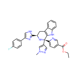 CCOC(=O)c1ccc([C@@]2(c3cnn(C)c3)N[C@@H](c3nc(-c4ccc(F)cc4)c[nH]3)Cc3c2[nH]c2ccccc32)nc1 ZINC000299834494