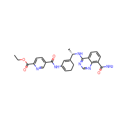 CCOC(=O)c1ccc(C(=O)NC2=CCCC([C@H](C)Nc3ncnc4c(C(N)=O)cccc34)=C2)cn1 ZINC000166992821