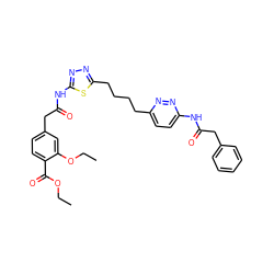 CCOC(=O)c1ccc(CC(=O)Nc2nnc(CCCCc3ccc(NC(=O)Cc4ccccc4)nn3)s2)cc1OCC ZINC000169698525