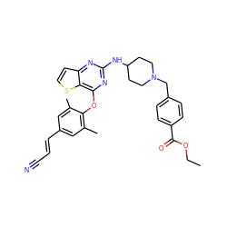 CCOC(=O)c1ccc(CN2CCC(Nc3nc(Oc4c(C)cc(/C=C/C#N)cc4C)c4sccc4n3)CC2)cc1 ZINC001772642820