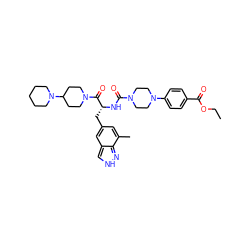 CCOC(=O)c1ccc(N2CCN(C(=O)N[C@H](Cc3cc(C)c4n[nH]cc4c3)C(=O)N3CCC(N4CCCCC4)CC3)CC2)cc1 ZINC000653706355