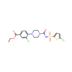 CCOC(=O)c1ccc(N2CCN(C(=O)NS(=O)(=O)c3ccc(Cl)s3)CC2)c(Cl)c1 ZINC000096272833