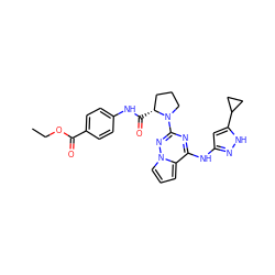 CCOC(=O)c1ccc(NC(=O)[C@@H]2CCCN2c2nc(Nc3cc(C4CC4)[nH]n3)c3cccn3n2)cc1 ZINC000143210769