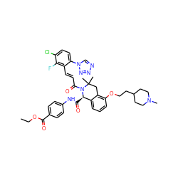 CCOC(=O)c1ccc(NC(=O)[C@@H]2c3cccc(OCCC4CCN(C)CC4)c3CC(C)(C)N2C(=O)/C=C/c2c(-n3cnnn3)ccc(Cl)c2F)cc1 ZINC000224070508