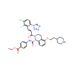 CCOC(=O)c1ccc(NC(=O)[C@H]2c3cccc(OCCC4CCNCC4)c3CCN2C(=O)/C=C/c2c(-n3cnnn3)ccc(Cl)c2F)cc1 ZINC000224068939