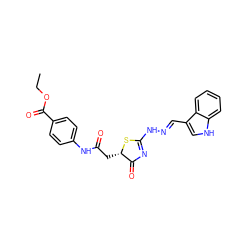 CCOC(=O)c1ccc(NC(=O)C[C@@H]2SC(N/N=C/c3c[nH]c4ccccc34)=NC2=O)cc1 ZINC000008830446