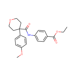 CCOC(=O)c1ccc(NC(=O)C2(c3ccc(OC)cc3)CCOCC2)cc1 ZINC000003646702