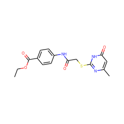 CCOC(=O)c1ccc(NC(=O)CSc2nc(C)cc(=O)[nH]2)cc1 ZINC000008578764