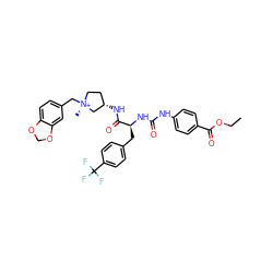 CCOC(=O)c1ccc(NC(=O)N[C@@H](Cc2ccc(C(F)(F)F)cc2)C(=O)N[C@H]2CC[N@+](C)(Cc3ccc4c(c3)OCO4)C2)cc1 ZINC000253917140