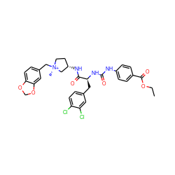 CCOC(=O)c1ccc(NC(=O)N[C@@H](Cc2ccc(Cl)c(Cl)c2)C(=O)N[C@H]2CC[N@+](C)(Cc3ccc4c(c3)OCO4)C2)cc1 ZINC000253896521