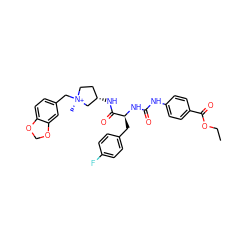 CCOC(=O)c1ccc(NC(=O)N[C@@H](Cc2ccc(F)cc2)C(=O)N[C@H]2CC[N@+](C)(Cc3ccc4c(c3)OCO4)C2)cc1 ZINC000261101947