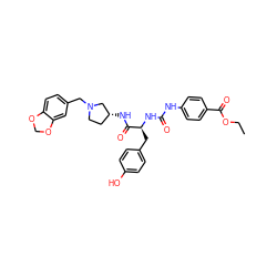 CCOC(=O)c1ccc(NC(=O)N[C@@H](Cc2ccc(O)cc2)C(=O)N[C@@H]2CCN(Cc3ccc4c(c3)OCO4)C2)cc1 ZINC000042808870