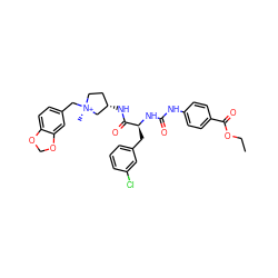 CCOC(=O)c1ccc(NC(=O)N[C@@H](Cc2cccc(Cl)c2)C(=O)N[C@H]2CC[N@+](C)(Cc3ccc4c(c3)OCO4)C2)cc1 ZINC000253868797