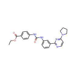 CCOC(=O)c1ccc(NC(=O)Nc2cccc(-c3nccc(N4CCCC4)n3)c2)cc1 ZINC001772605574