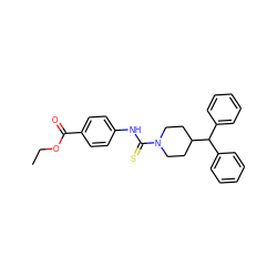 CCOC(=O)c1ccc(NC(=S)N2CCC(C(c3ccccc3)c3ccccc3)CC2)cc1 ZINC000084757576