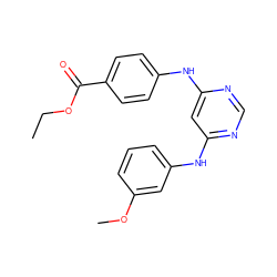 CCOC(=O)c1ccc(Nc2cc(Nc3cccc(OC)c3)ncn2)cc1 ZINC000244309042