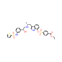 CCOC(=O)c1ccc(S(=O)(=O)Oc2cccc3c(C[C@@H](C)NC[C@H](O)c4cccc(NS(=O)(=O)c5cccs5)c4)c[nH]c23)cc1 ZINC000028455914