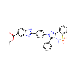 CCOC(=O)c1ccc2[nH]c(-c3ccc(-n4nc5c(c4-c4ccccc4)N(C)S(=O)(=O)c4ccccc4-5)cc3)nc2c1 ZINC000169307861