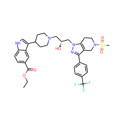 CCOC(=O)c1ccc2[nH]cc(C3CCN(C[C@@H](O)Cn4nc(-c5ccc(C(F)(F)F)cc5)c5c4CCN(S(C)(=O)=O)C5)CC3)c2c1 ZINC000028824421
