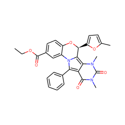 CCOC(=O)c1ccc2c(c1)-n1c(-c3ccccc3)c3c(=O)n(C)c(=O)n(C)c3c1[C@H](c1ccc(C)o1)O2 ZINC000072118996