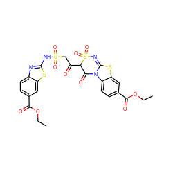 CCOC(=O)c1ccc2c(c1)SC1=NS(=O)(=O)C(C(=O)CS(=O)(=O)Nc3nc4ccc(C(=O)OCC)cc4s3)C(=O)N12 ZINC000029474920