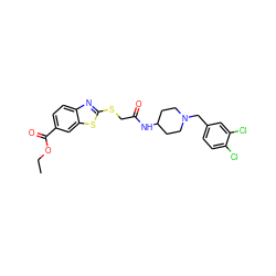 CCOC(=O)c1ccc2nc(SCC(=O)NC3CCN(Cc4ccc(Cl)c(Cl)c4)CC3)sc2c1 ZINC000028232598