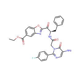 CCOC(=O)c1ccc2oc(C(=O)[C@@H](Cc3ccccc3)NC(=O)Cn3c(-c4ccc(F)cc4)ncc(N)c3=O)nc2c1 ZINC000028754891