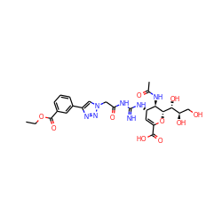 CCOC(=O)c1cccc(-c2cn(CC(=O)NC(=N)N[C@H]3C=C(C(=O)O)O[C@@H]([C@H](O)[C@H](O)CO)[C@@H]3NC(C)=O)nn2)c1 ZINC001772583056