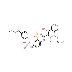 CCOC(=O)c1cccc(NS(=O)(=O)Nc2ccc3c(c2)S(=O)(=O)N=C(c2c(O)c4cccnc4n(CCC(C)C)c2=O)N3)c1 ZINC000150599592