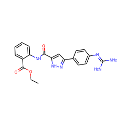 CCOC(=O)c1ccccc1NC(=O)c1cc(-c2ccc(N=C(N)N)cc2)n[nH]1 ZINC000222119706