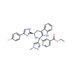 CCOC(=O)c1ccnc([C@]2(c3cnn(C)c3)N[C@@H](c3nc(-c4ccc(F)cc4)c[nH]3)Cc3c2[nH]c2ccccc32)c1 ZINC000299834421