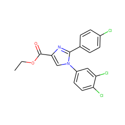 CCOC(=O)c1cn(-c2ccc(Cl)c(Cl)c2)c(-c2ccc(Cl)cc2)n1 ZINC000013642393