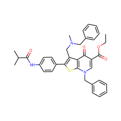 CCOC(=O)c1cn(Cc2ccccc2)c2sc(-c3ccc(NC(=O)C(C)C)cc3)c(CN(C)Cc3ccccc3)c2c1=O ZINC000036331626