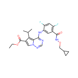 CCOC(=O)c1cn2ncnc(Nc3cc(C(=O)NOCC4CC4)c(F)cc3F)c2c1C(C)C ZINC000013645280