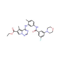 CCOC(=O)c1cn2ncnc(Nc3cc(NC(=O)c4cc(F)cc(N5CCOCC5)c4)ccc3C)c2c1C ZINC000029048714