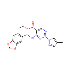 CCOC(=O)c1cnc(-n2cc(C)cn2)nc1NCc1ccc2c(c1)OCO2 ZINC000002413789