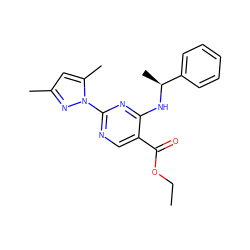 CCOC(=O)c1cnc(-n2nc(C)cc2C)nc1N[C@@H](C)c1ccccc1 ZINC000002375025