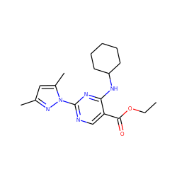 CCOC(=O)c1cnc(-n2nc(C)cc2C)nc1NC1CCCCC1 ZINC000008762731