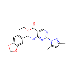 CCOC(=O)c1cnc(-n2nc(C)cc2C)nc1NCc1ccc2c(c1)OCO2 ZINC000002265538